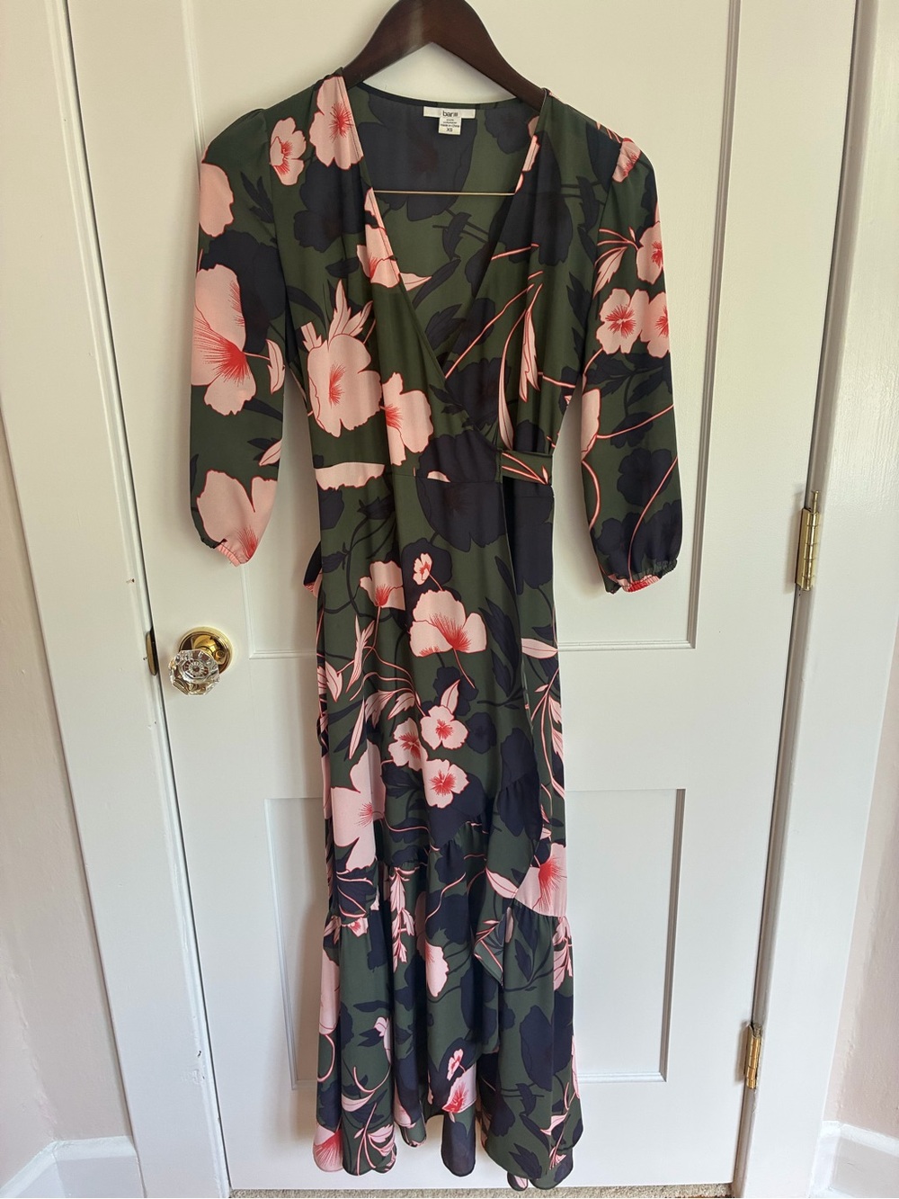 Bar III Olive Maxi Dress with Pink Floral Print